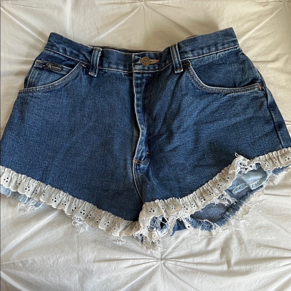 Wrangler high waisted cheeky denim shorts with lace trim